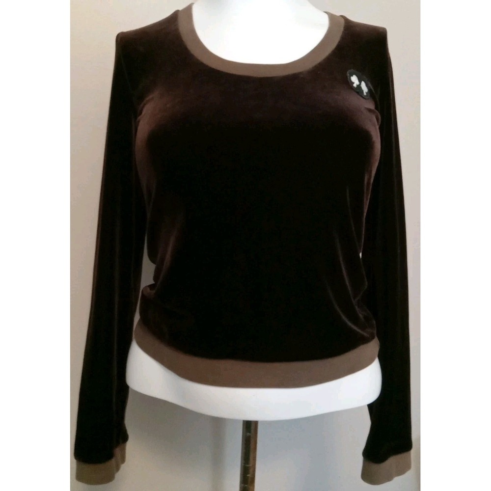 Peter Jensen Women Brown Velvet Chestnut Trim Embroidered‎ Patch Sweater Size L